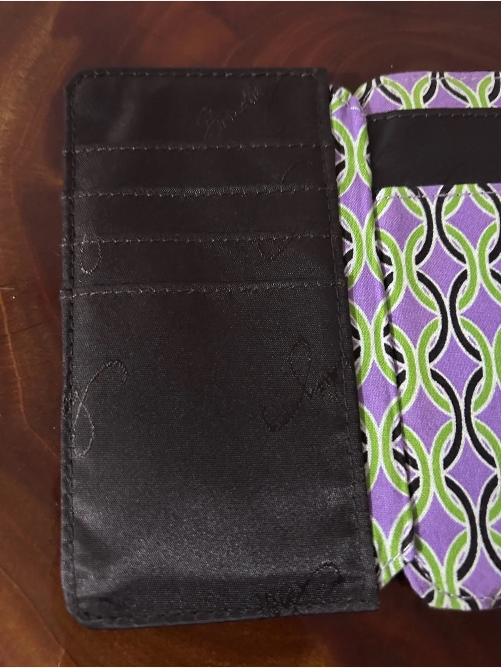 Vera Bradley Quilted Floral Trifold Wallet in Purple, Green and Black